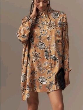 Anthropologie Corey Lynn Calter Tan Nautical Print Shirt Dress